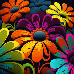 Fototapeta na wymiar background with 1970s style grooves with colorful bright flowers. generative ai 