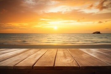 Empty Display Table with Topical Beach Sunrise/Sunset in the Background (Generative AI)