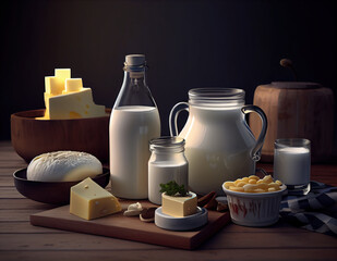 Dairy products: milk, cheese, butter, cottage cheese on a wooden table on a dark background. Rustic style. Generative AI