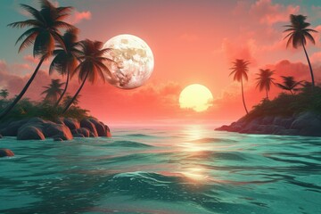 Fototapeta na wymiar scenic tropical island with palm trees and clear blue water. Generative AI