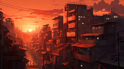 sunset in the city in anime style created with Generative AI technology