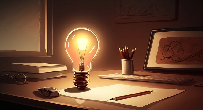 A lightbulb symbolizing a bright idea on a clean, modern tabletop, creating a hopeful and inspiring digital illustration., Generative AI
