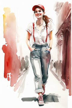 A young, unconventional girl with her hands in her pockets, smiling, red suspenders, white t-shirt, watercolor, Generative AI