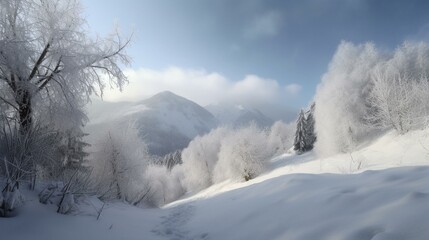 Fototapeta na wymiar A snowy winter wonderland with snow-capped mountains Generative AI