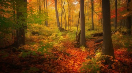 A lush forest with vibrant fall foliage Generative AI