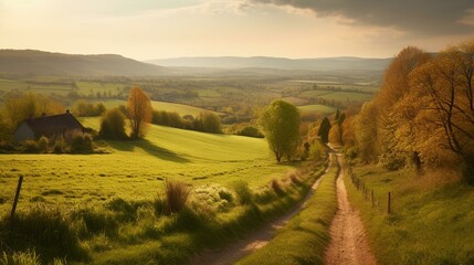 A peaceful countryside with rolling hills and fields Generative AI