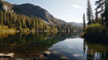 Fototapeta na wymiar A tranquil lake surrounded by tall trees and mountains Generative AI