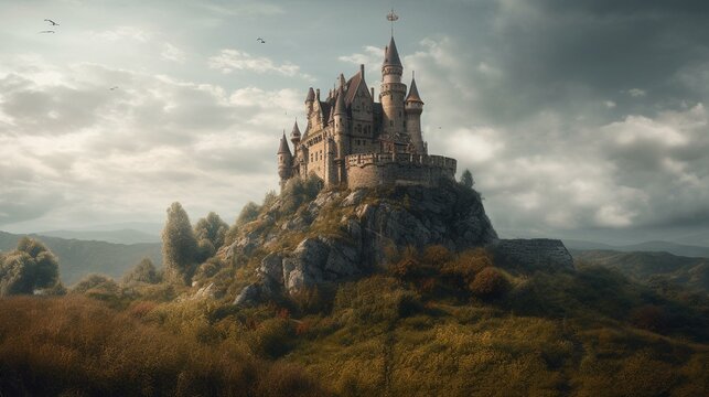 A whimsical fairytale castle on a hilltop Generative AI