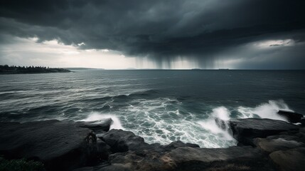 Obraz premium A dramatic view of a thunderstorm over the ocean Generative AI