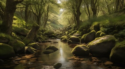 A tranquil forest with a babbling brook Generative AI - obrazy, fototapety, plakaty