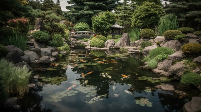 A peaceful Japanese garden with a koi pond Generative AI