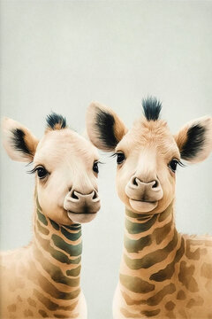 Cute safari animals. Unreal. Wild animals, water paints, watercolors. Cute illustration for children, textiles, prints, books. Ai illustration, fantasy digital painting, artificial intelligence art