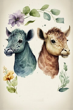 Cute safari animals. Unreal. Wild animals, water paints, watercolors. Cute illustration for children, textiles, prints, books. Ai illustration, fantasy digital painting, artificial intelligence art