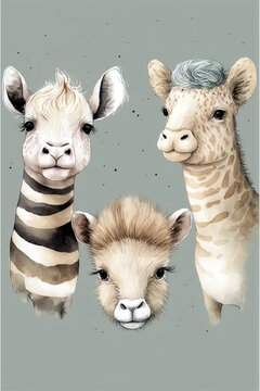 Cute safari animals. Unreal. Wild animals, water paints, watercolors. Cute illustration for children, textiles, prints, books. Ai illustration, fantasy digital painting, artificial intelligence art