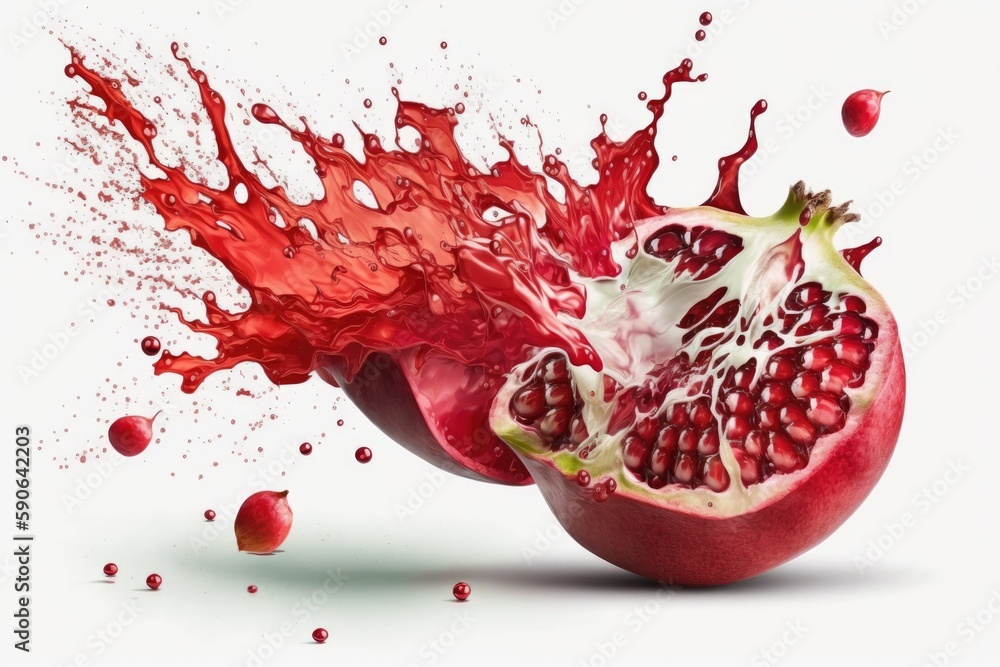 Poster pomegranates isolated on a white backdrop with a clipping path and covered with crimson juice. gener