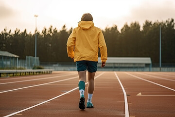 Obraz premium Rear view of a man walking on a treadmill at a stadium, created with Generative AI
