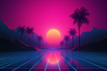 Naklejka premium Retro Futuristic neon gaming landscape background