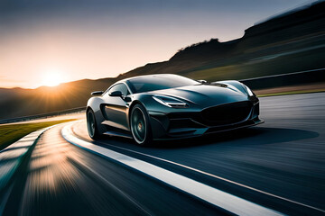 Black sports car on the road with motion blur effect Generative AI - obrazy, fototapety, plakaty