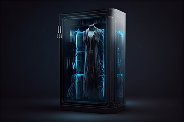 Modern wardrobe with neon illumination concept. Futuristic digital wardrobe with clothes with transparent doors. High quality illustration.