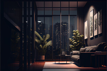 Night interior scene with panoramic window and lamp on the floor. Big fluffy carpet and couch. Cozy interior. 3D rendering. High quality illustration