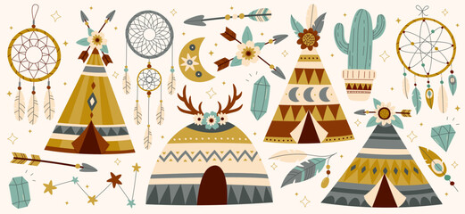 Teepee tents flat illustrations set. Traditional indian conical tent with ornaments, Dream catcher, diamonds - obrazy, fototapety, plakaty