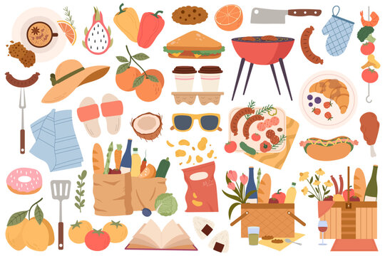 Summer Picnic Set Illustrations Set. Delicious Snack. Fresh Vegetables And Fruits, Bakery, Sandwiches