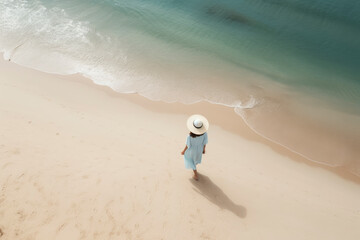 Junge Frau am Strand aus der Vogelperspektive. Generative AI
