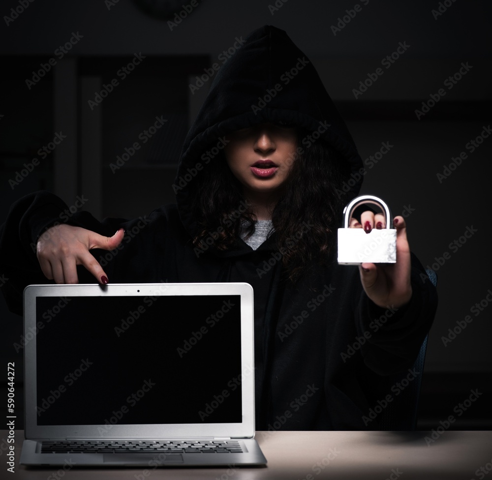 Poster female hacker hacking security firewall late in office