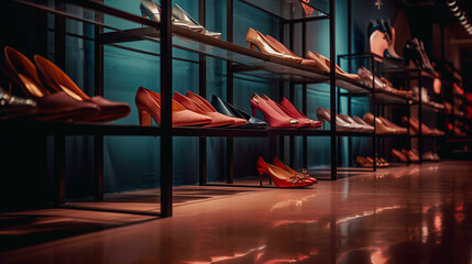 Assortment of shoes on the showcase of a shoe store. Al generated - obrazy, fototapety, plakaty