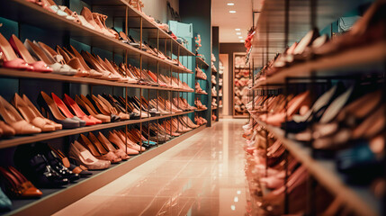 Assortment of shoes on the showcase of a shoe store. Al generated