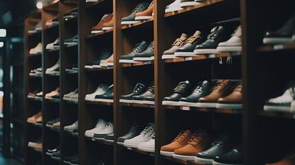 Assortment of men's running shoes in a shop window. Al generated