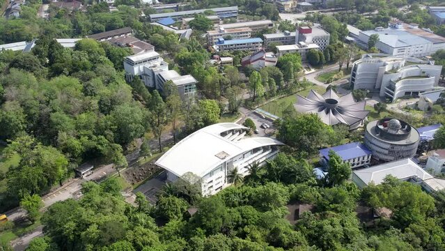  Petaling Jaya, Malaysia - April 8, 2023 Aerial view of the University Malaya faculties building