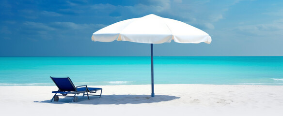 Leerer Liegestuhl am Meer mit großem Sonnenschirm. Generative AI