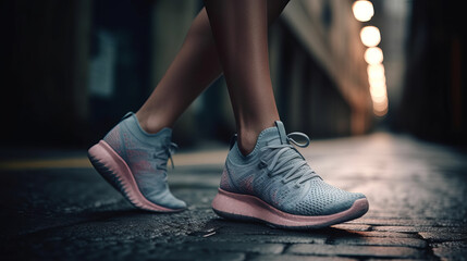 Close-up of sneakers on the street at sunset. Al generated