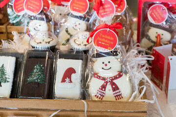 Christmas sugar cookies at bakery shop.