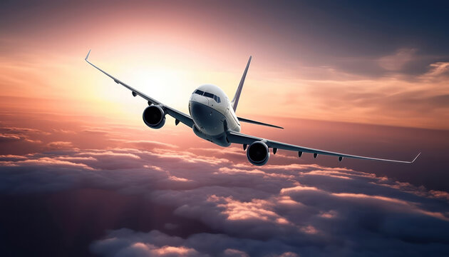 Commercial Jet Airplane on sunset, Sunset Flight - Jet plane Soaring 3d illustration