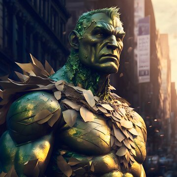 Green Giant Portrait With Gold Armour And Cash Falling Around All American Looking At Camera Bright Sunset On Wall St Hyperrealistic Super Details 