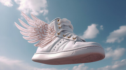Stylish white flying sneakers, advertising concept. Al generated