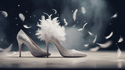 Women's wedding shoes in feathers, bridal salon advertising. Al generated illustration