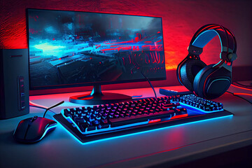 Obraz na płótnie Canvas General view of home workplace of pro gamer with professional gaming setup on desktop. Modern powerful PC full RGB light inside, display with shooter game, armchair. Gaming studio of cyber sportsman