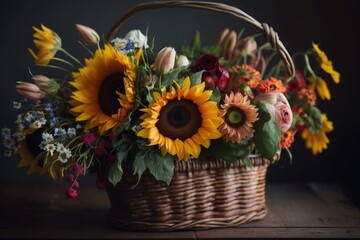 Fototapeta premium bouquet of sunflowers tulips and daisies in a basket created with Generative AI technology
