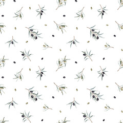 Watercolor seamless pattern with black and green olives and branch. Hand painted olives isolated on white background. Botanical illustration for design, print, fabric or background