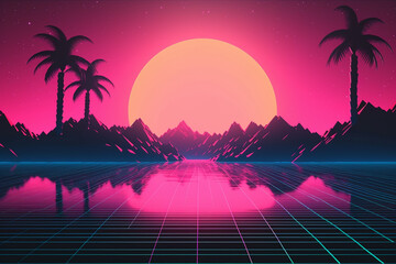 Naklejka premium Retro Futuristic neon gaming landscape background