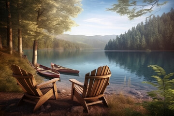 Idylle am See mit zwei Liegestühlen und zwei Booten. Generative AI