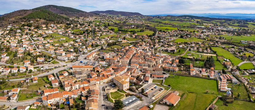 Aerial view of the town Boulieu-les-Annonay in France on a sunny day in early sprin