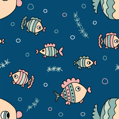 Fototapeta na wymiar Doodle cute sea fishes seamless pattern. Perfect print for tee, textile, paper and fabric. Hand drawn vector illustration for decor and design.