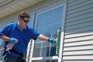 A Caucasian man on a ladder wearing blue latex gloves washing the outside of a house window with a...