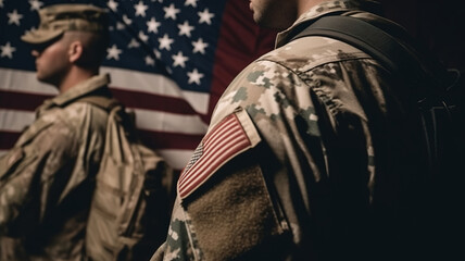 Soldiers in military uniform USA army against the American national flag, memorial day