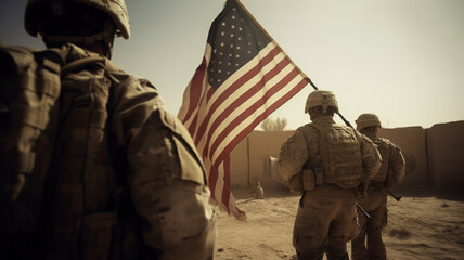 Soldiers in military uniform USA army against the American national flag, memorial day