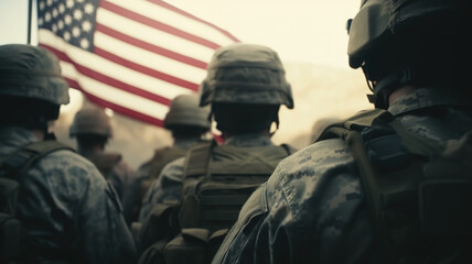 Soldiers in military uniform USA army against the American national flag, memorial day Patriotic Veterans 